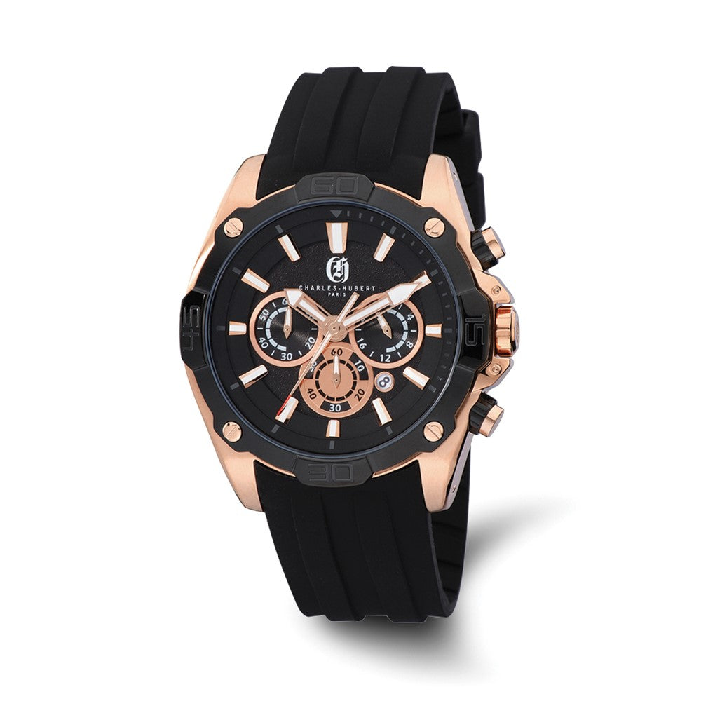 Charles Hubert Mens Stainless Steel Chronograph Black&Rose Dial Watch, Item W8775 by The Black Bow Jewelry Co.