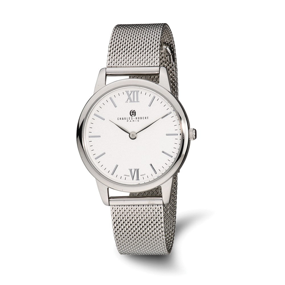 Charles Hubert Mens Stainless Steel Silver Dial Mesh Band Watch, Item W8810 by The Black Bow Jewelry Co.