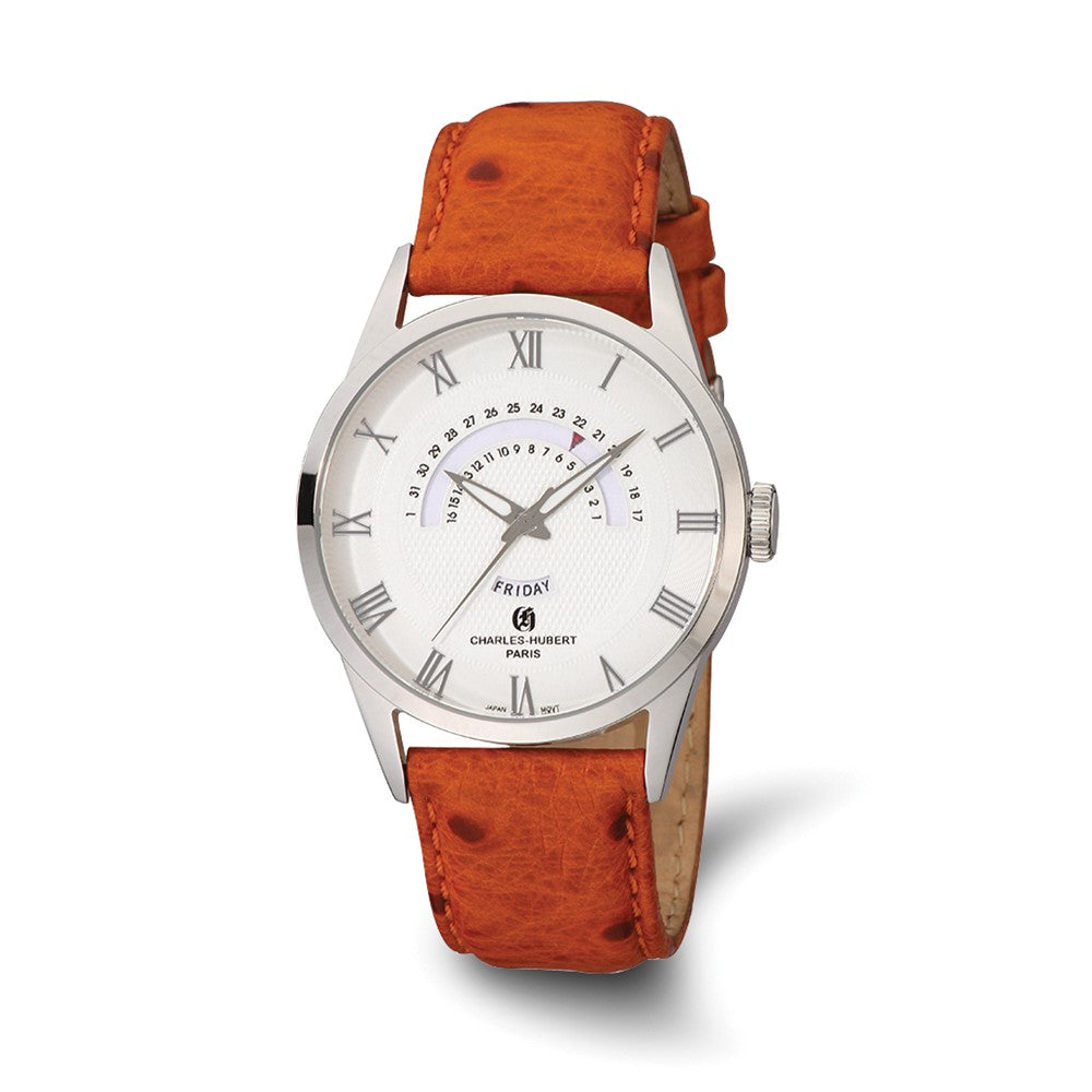 Charles Hubert Mens Stainless Steel & Leather White Dial Watch, Item W8813 by The Black Bow Jewelry Co.