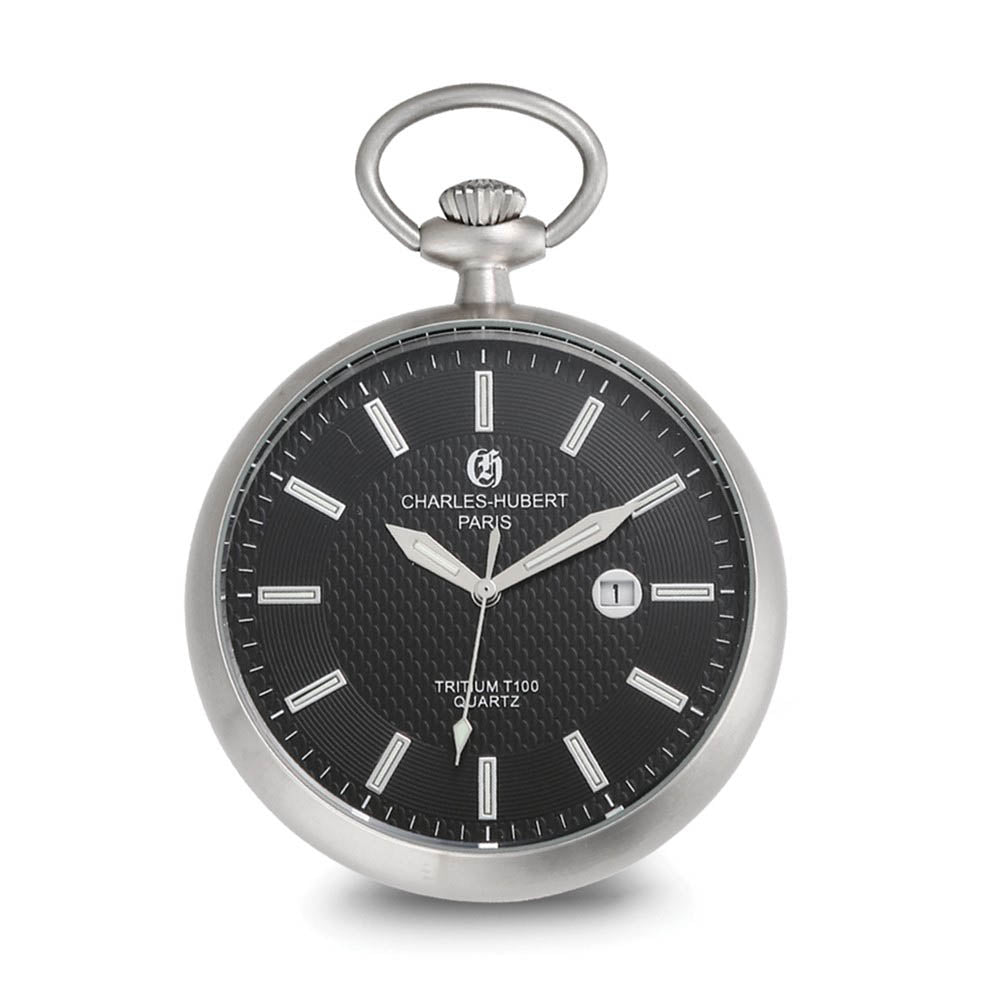 Charles Hubert Stainless Open Black Face Tritium Quartz Pocket Watch, Item W8829 by The Black Bow Jewelry Co.