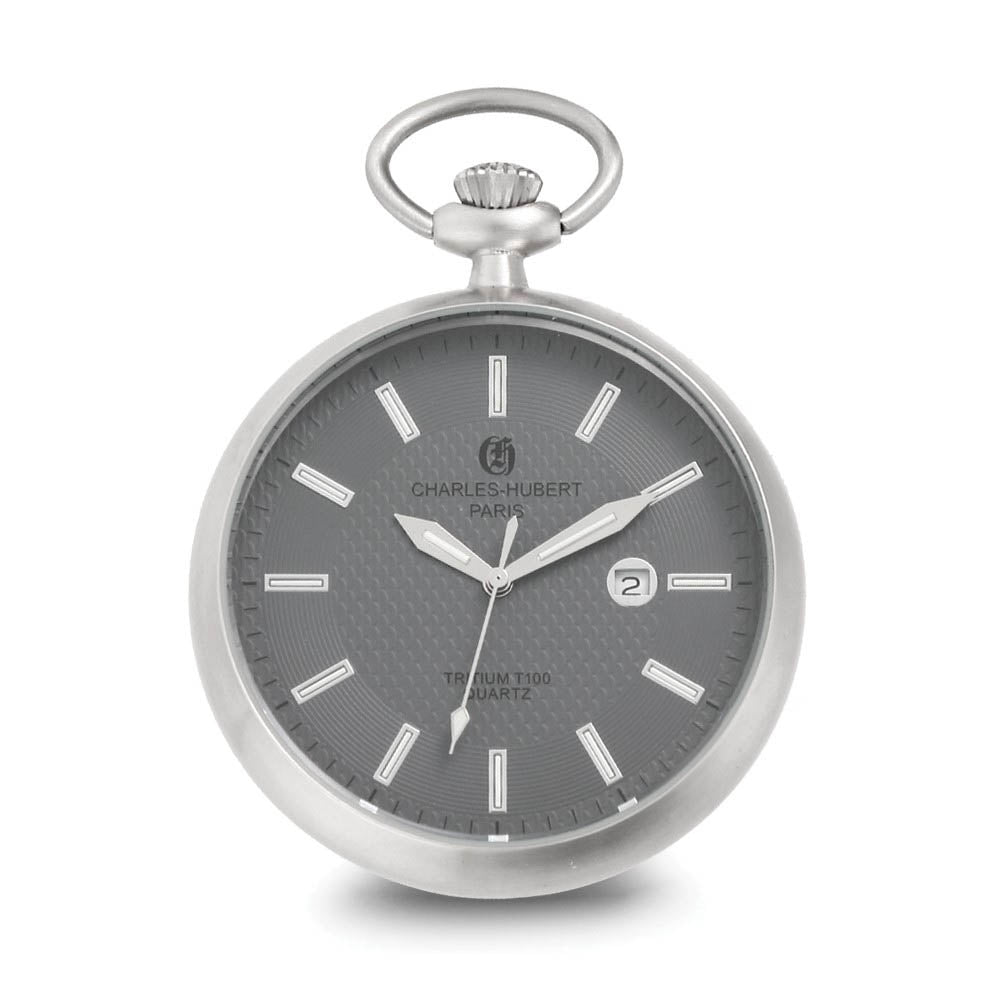 Charles Hubert Stainless Open Grey Face Tritium Quartz Pocket Watch, Item W8830 by The Black Bow Jewelry Co.