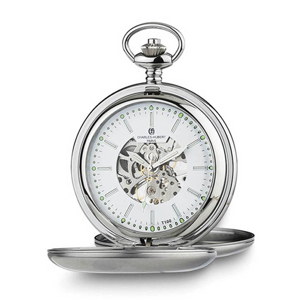 Charles Hubert Stainless Steel Double Cover Tritium Pocket Watch, Item W8832 by The Black Bow Jewelry Co.