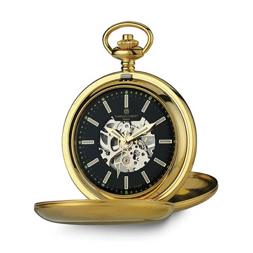 Charles Hubert Stnlss Stl IP-plated Dbl Cover Tritium Pocket Watch, Item W8833 by The Black Bow Jewelry Co.