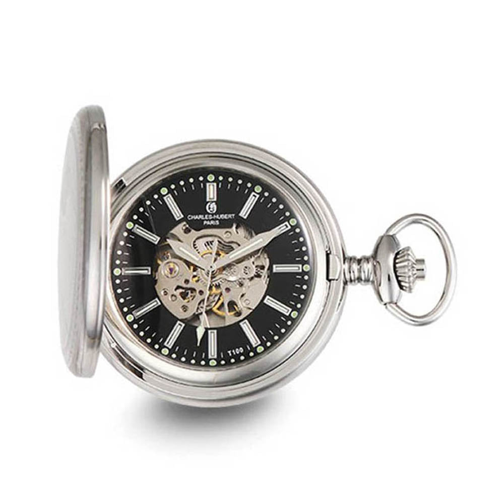 Charles Hubert Stainless Stl Blk Dial Tritium Mechanical Pocket Watch, Item W8834 by The Black Bow Jewelry Co.