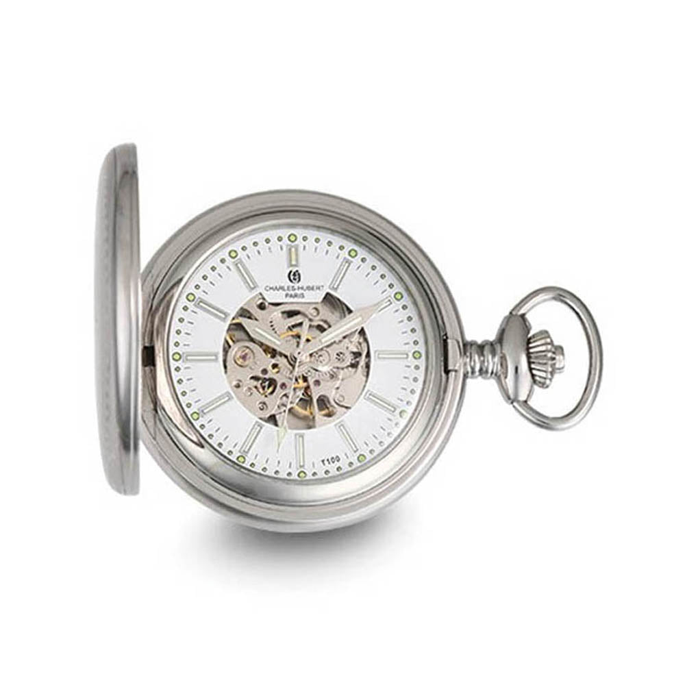 Charles Hubert Stainless Stl Wht Dial Tritium Mechanical Pocket Watch, Item W8835 by The Black Bow Jewelry Co.