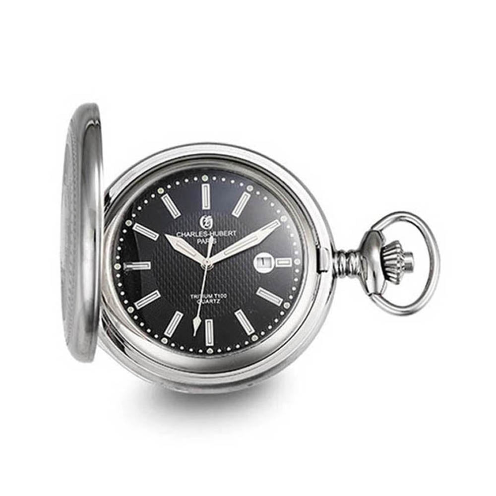 Charles Hubert Stainless Steel Black Dial Tritium Quartz Pocket Watch, Item W8836 by The Black Bow Jewelry Co.