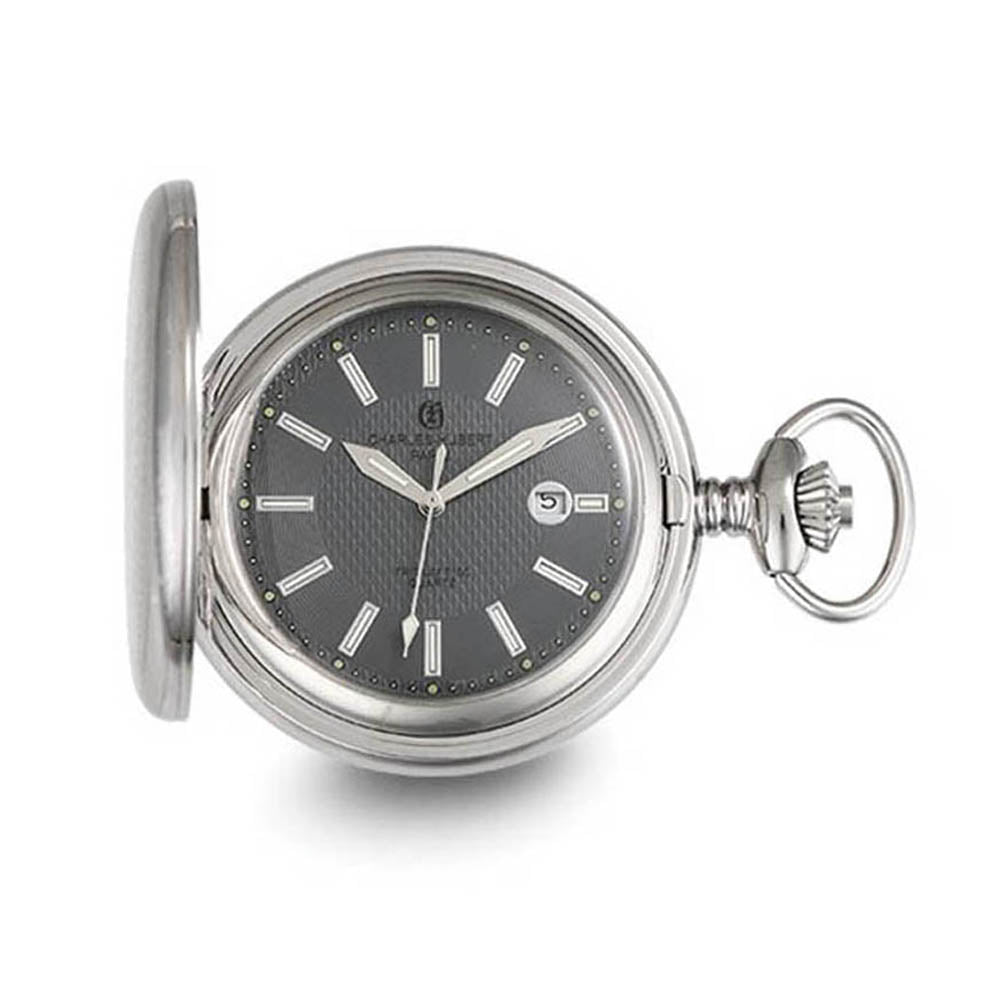 Charles Hubert Stainless Steel Grey Dial Tritium Quartz Pocket Watch, Item W8837 by The Black Bow Jewelry Co.