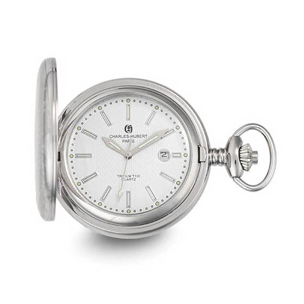 Charles Hubert Stainless Steel White Dial Tritium Quartz Pocket Watch, Item W8838 by The Black Bow Jewelry Co.