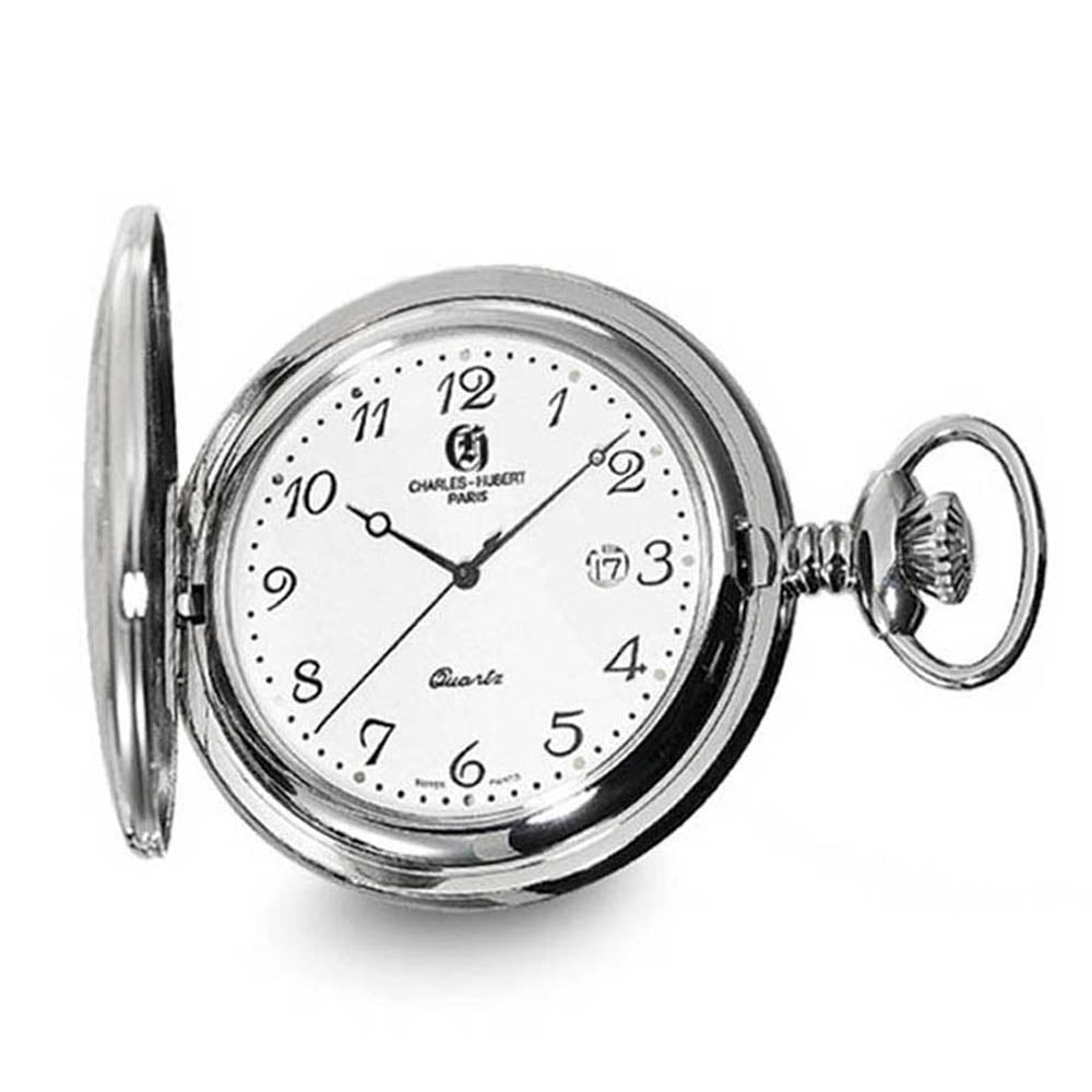 Charles Hubert Stainless Steel White Dial with Date 48mm Pocket Watch, Item W8841 by The Black Bow Jewelry Co.