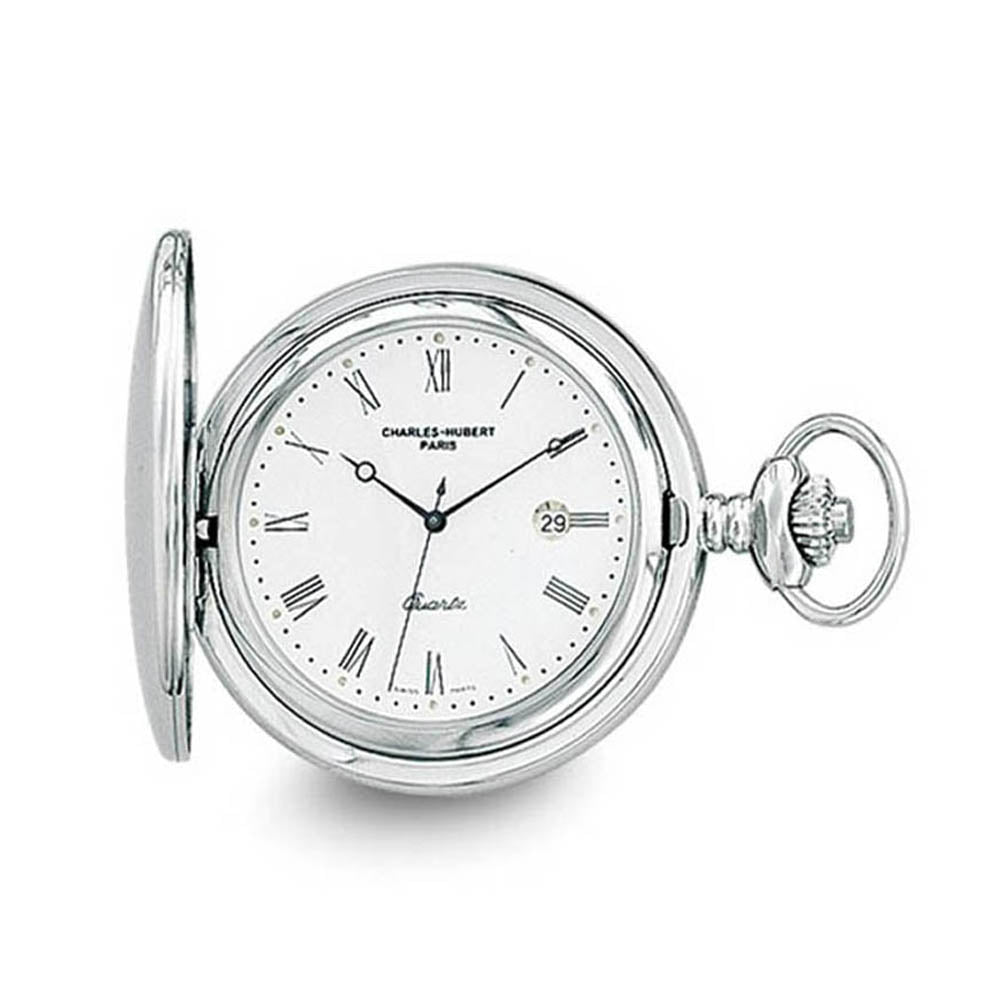Charles Hubert Stainless Steel White Dial with Date Pocket Watch 48mm, Item W8842 by The Black Bow Jewelry Co.