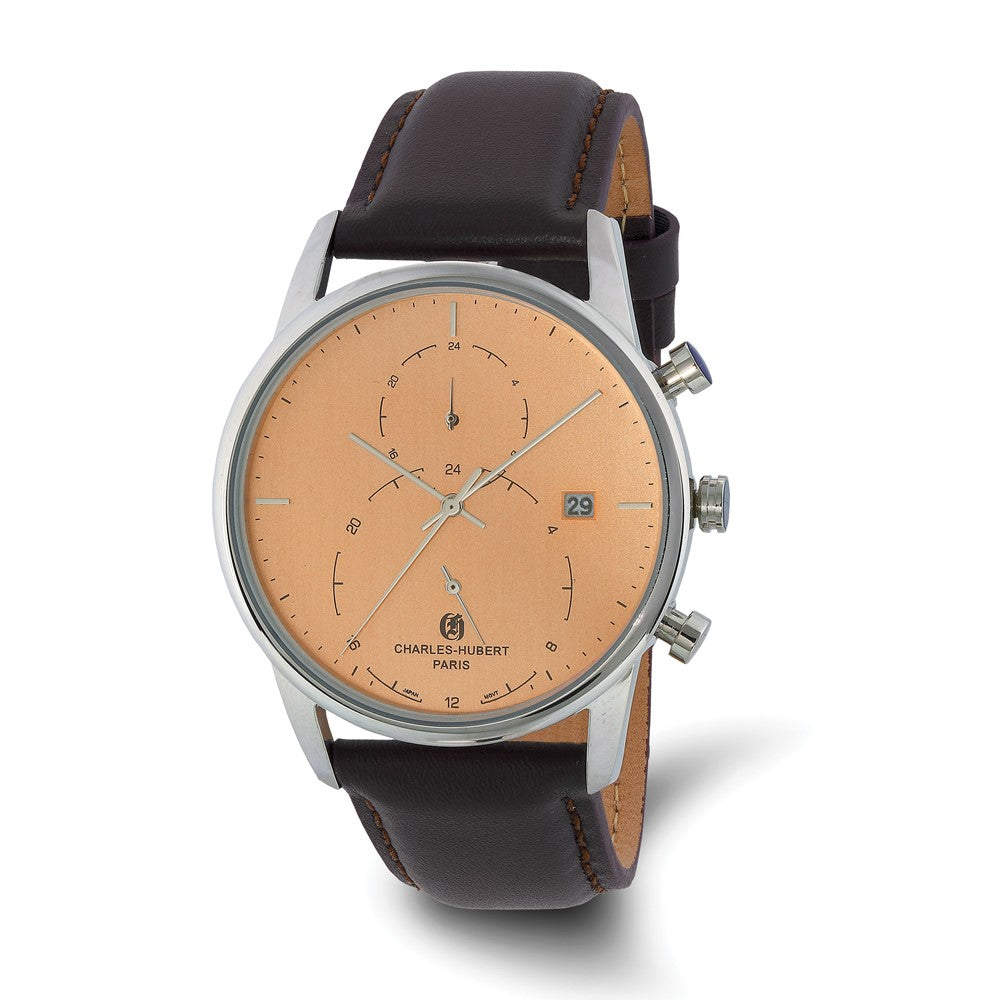 Charles Hubert Mens Stainless Steel Light Orange Dial Dual Time Watch, Item W8847 by The Black Bow Jewelry Co.