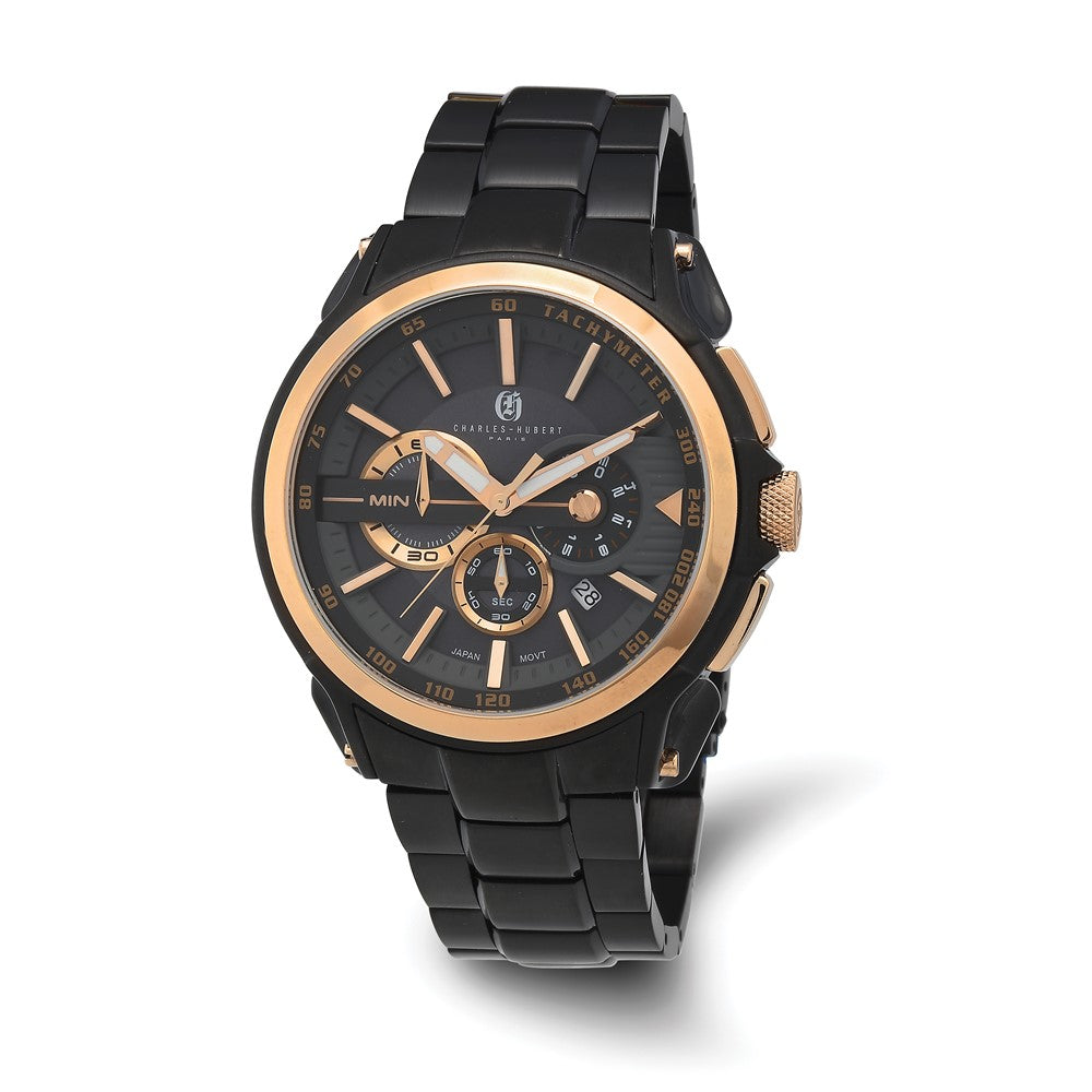 Charles Hubert Mens Black & Rose Tone Stainless Stl Chronograph Watch, Item W8852 by The Black Bow Jewelry Co.