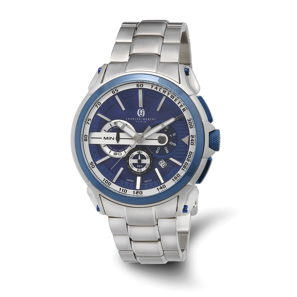 Charles Hubert Stainless Steel Chronograph Blue Dial Watch, Item W8853 by The Black Bow Jewelry Co.