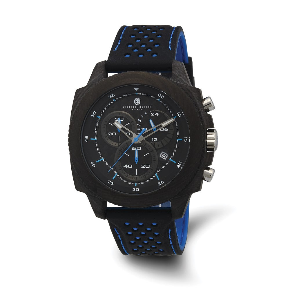 Charles Hubert Carbon Fiber Case Chrono Blue Strap Watch, Item W8858 by The Black Bow Jewelry Co.