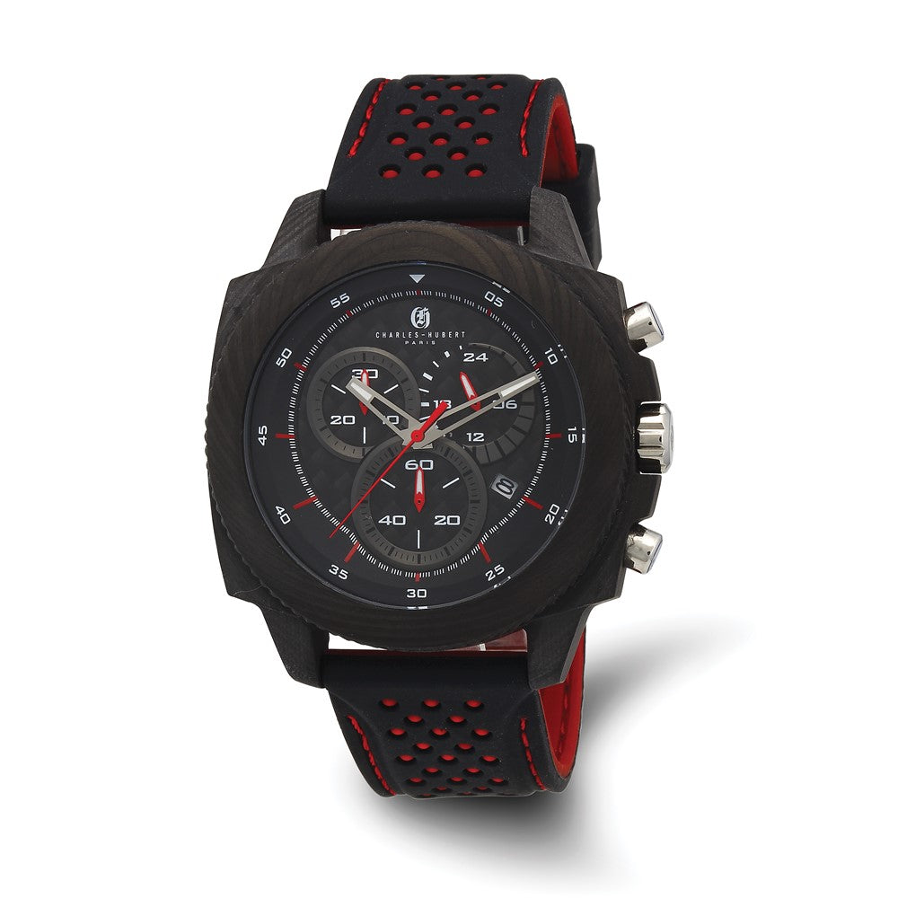 Charles Hubert Carbon Fiber Case Chrono Red Strap Watch, Item W8859 by The Black Bow Jewelry Co.