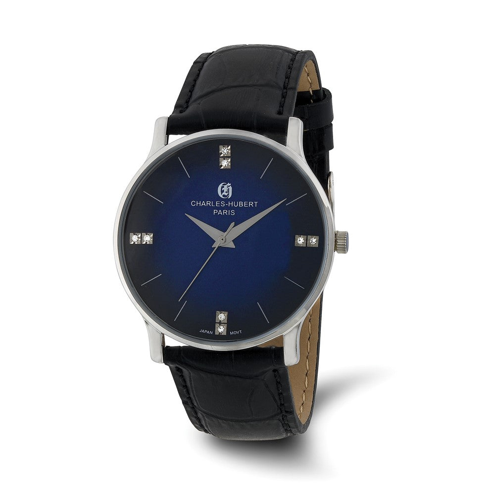 Charles Hubert Mens Stainless Steel Blue Dial Leather Watch, Item W8869 by The Black Bow Jewelry Co.