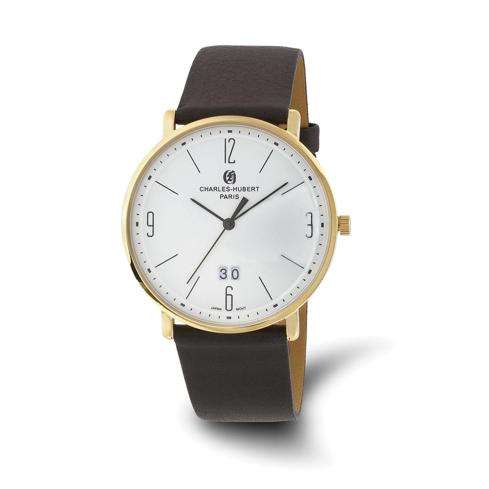Charles Hubert Mens Gold Tone Stainless Steel Leather White Dial Watch, Item W8873 by The Black Bow Jewelry Co.