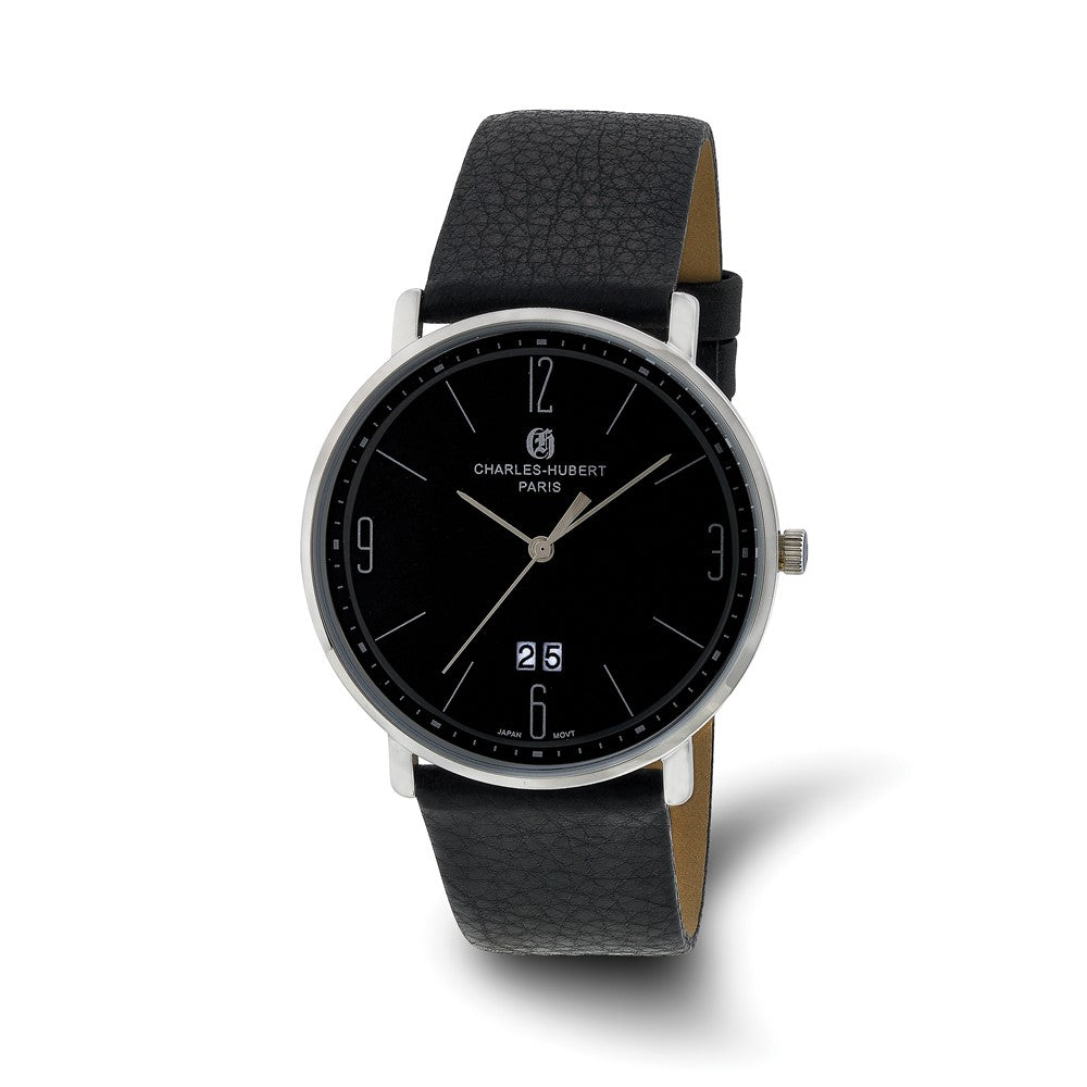 Charles Hubert Mens Stainless Steel Black Leather Black Dial Watch, Item W8874 by The Black Bow Jewelry Co.