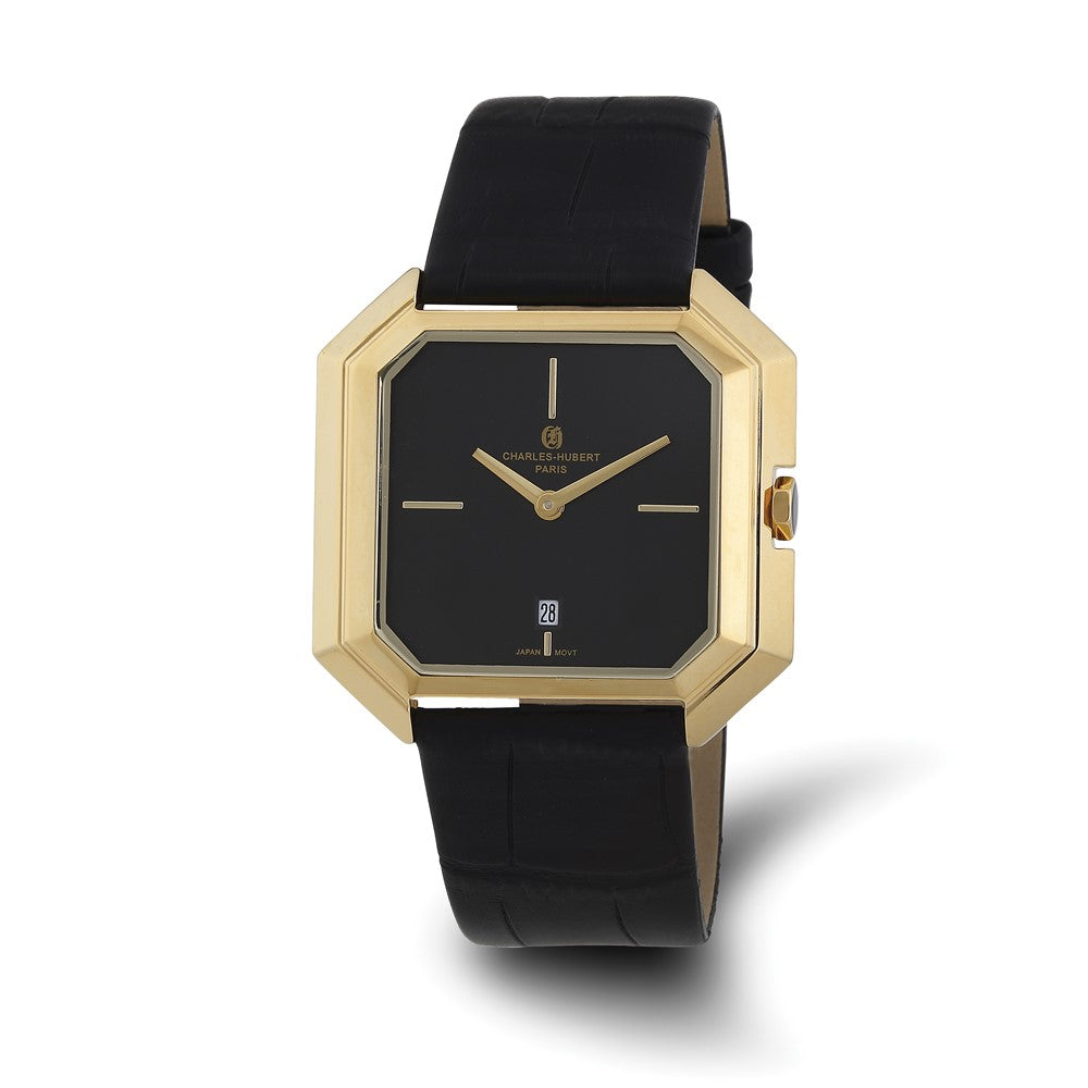 Charles Hubert Mens IP-plated Stainless Black Leather Band  display picture 1