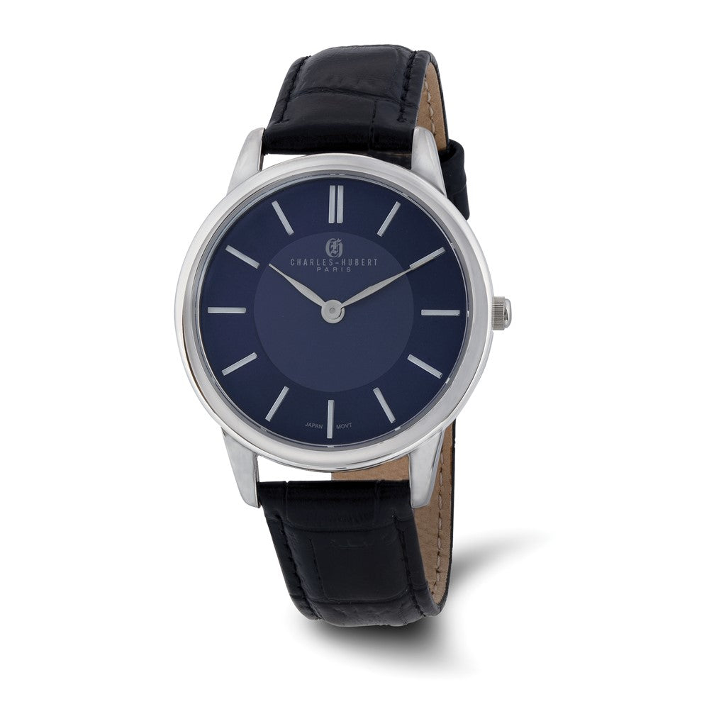 Charles Hubert Mens Stainless Steel Blue Dial Black Leather Watch, Item W8885 by The Black Bow Jewelry Co.
