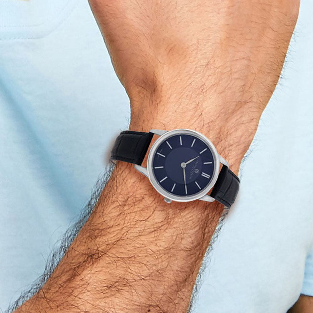 Alternate view of the Charles Hubert Mens Stainless Steel Blue Dial Black Leather Watch by The Black Bow Jewelry Co.
