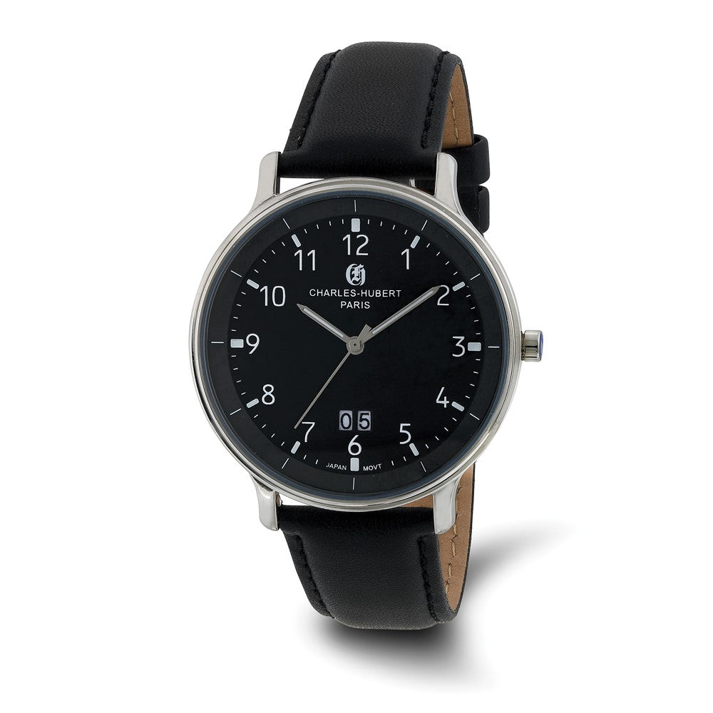 Charles Hubert Mens Stainless Steel Black Dial Black Leather Watch, Item W8889 by The Black Bow Jewelry Co.