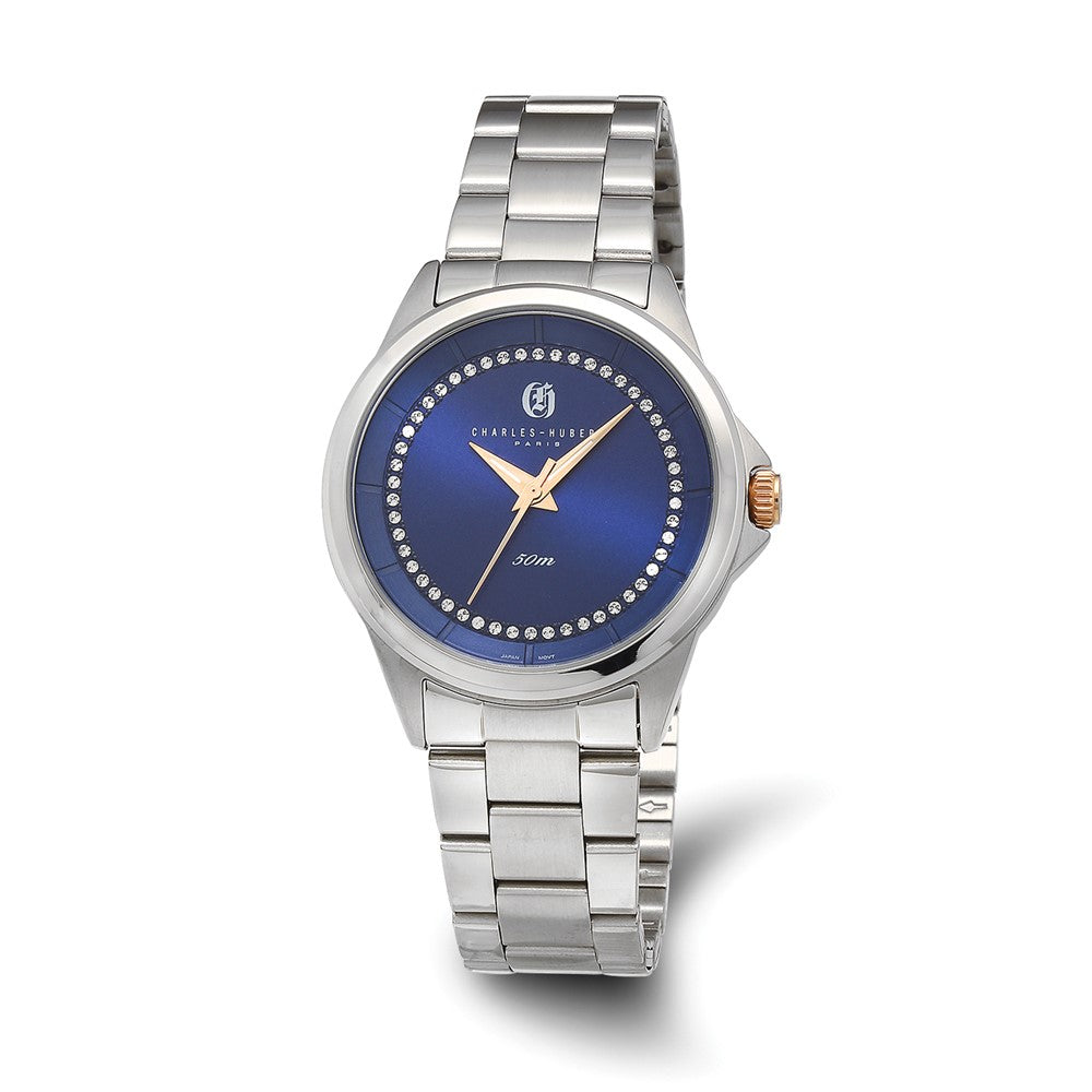 Charles Hubert Mens Stainless Steel Blue Crystal Dial Watch, Item W8904 by The Black Bow Jewelry Co.
