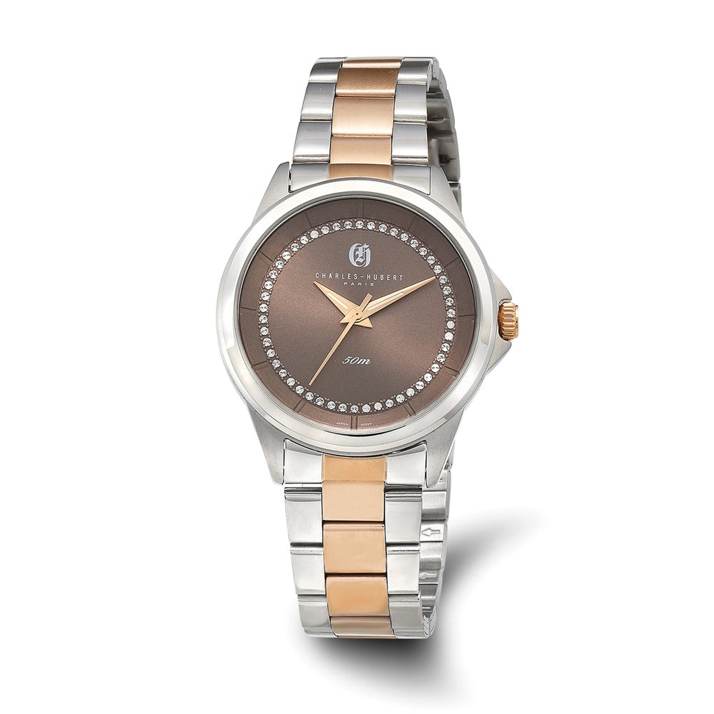 Charles Hubert Mens 2-Tone Stainless Lt Brown Crystal Dial Watch, Item W8906 by The Black Bow Jewelry Co.
