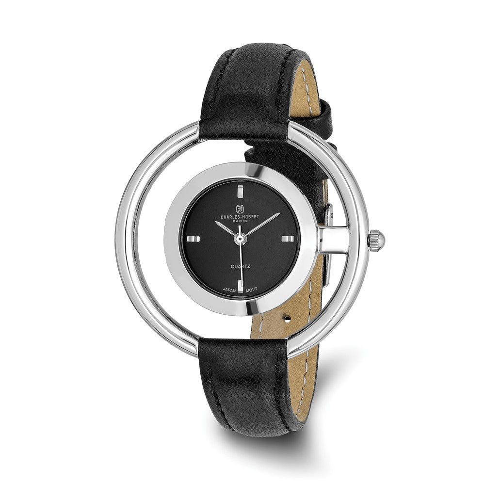 Charles Hubert Ladies Chrome Finish Black Dial Modern Circle Watch, Item W8921 by The Black Bow Jewelry Co.