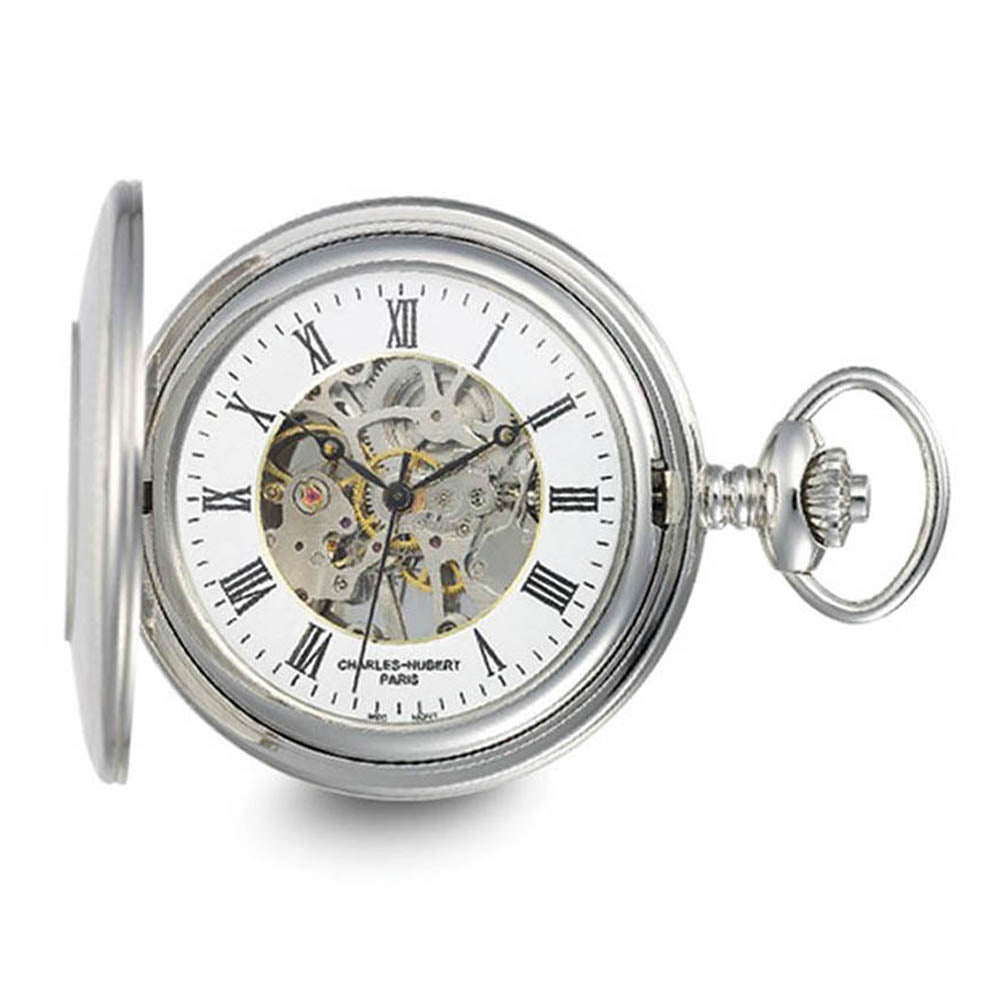 Charles Hubert Stainless Hunter Case/Shield Skeleton 47mm Pocket Watch, Item W8926 by The Black Bow Jewelry Co.