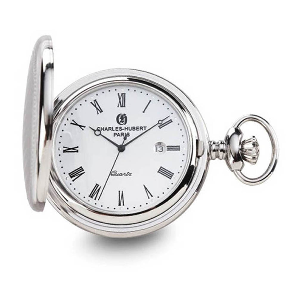 Charles Hubert Stainless Hunter Case w/Shield White Dial Pocket Watch, Item W8928 by The Black Bow Jewelry Co.