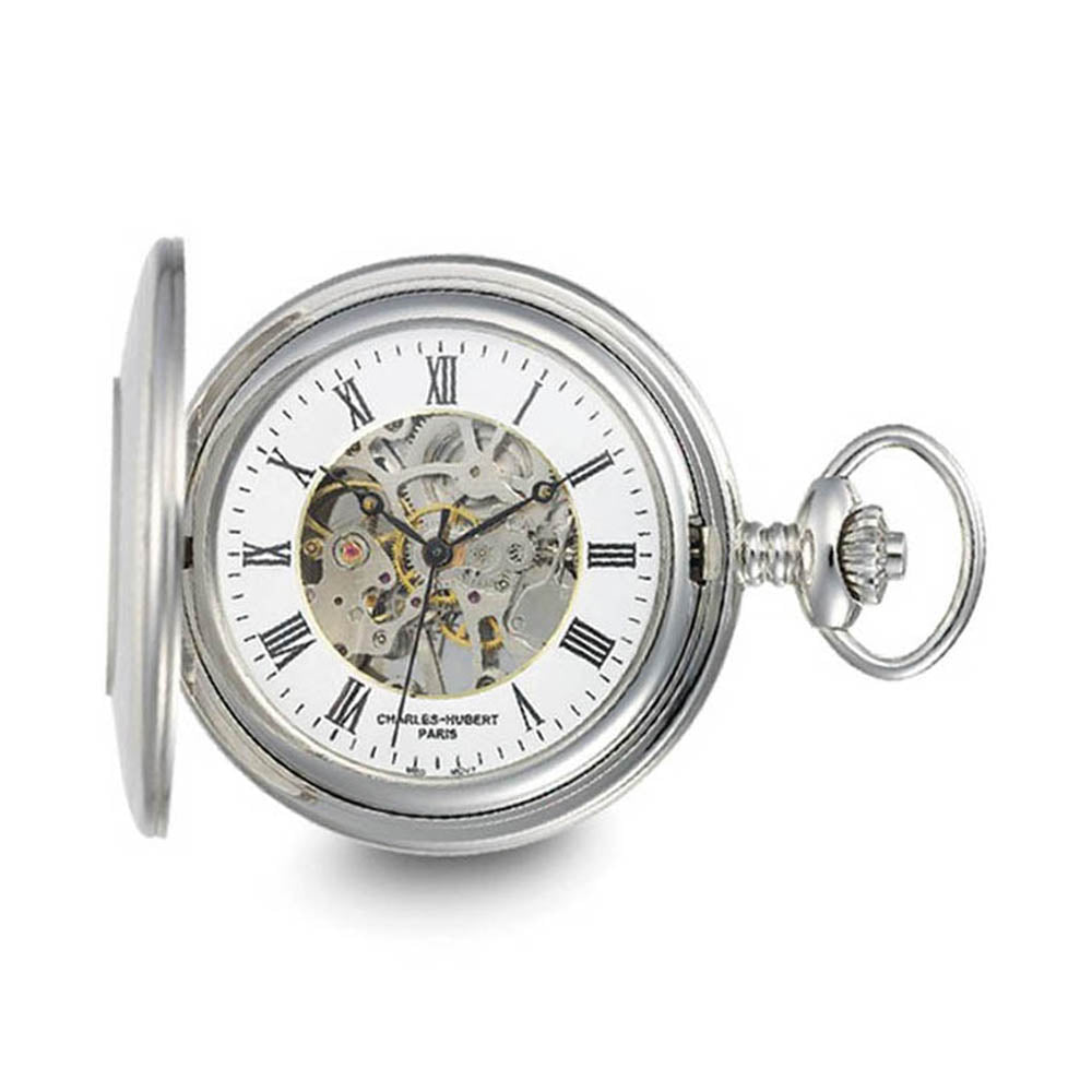 Charles Hubert Stainless w/Oval Engraving Area Skeleton Pocket Watch, Item W8929 by The Black Bow Jewelry Co.