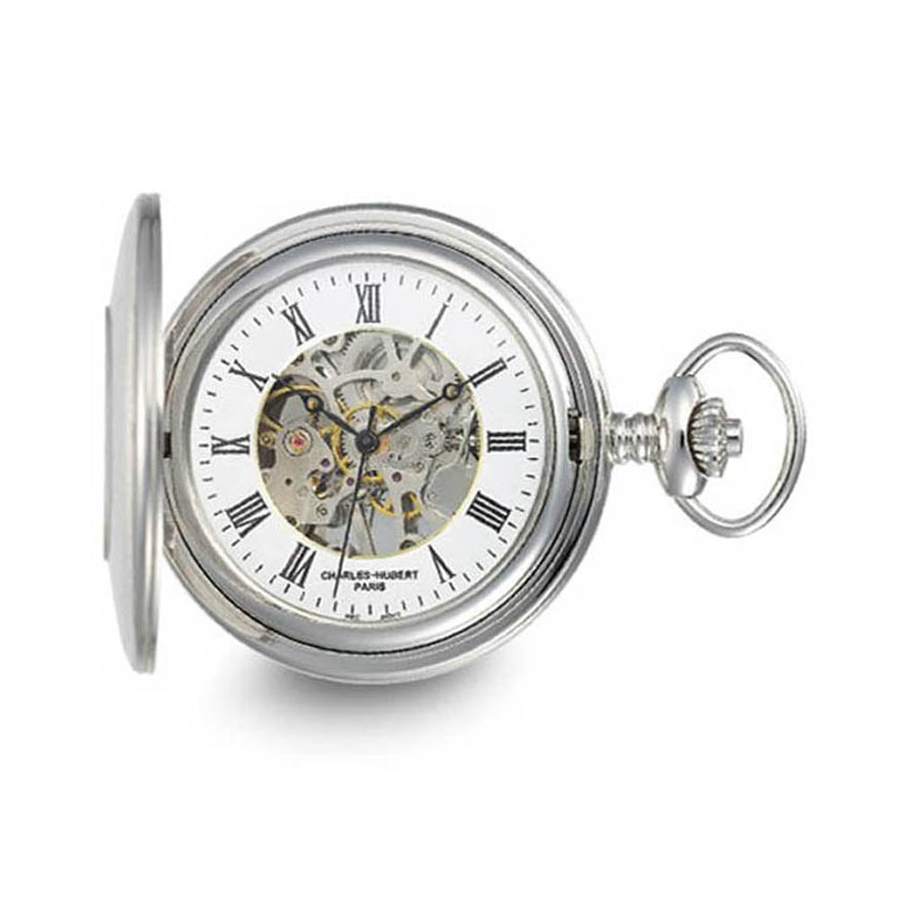 Charles Hubert Stainless Striped Case w/Shield Skeleton Pocket Watch, Item W8932 by The Black Bow Jewelry Co.