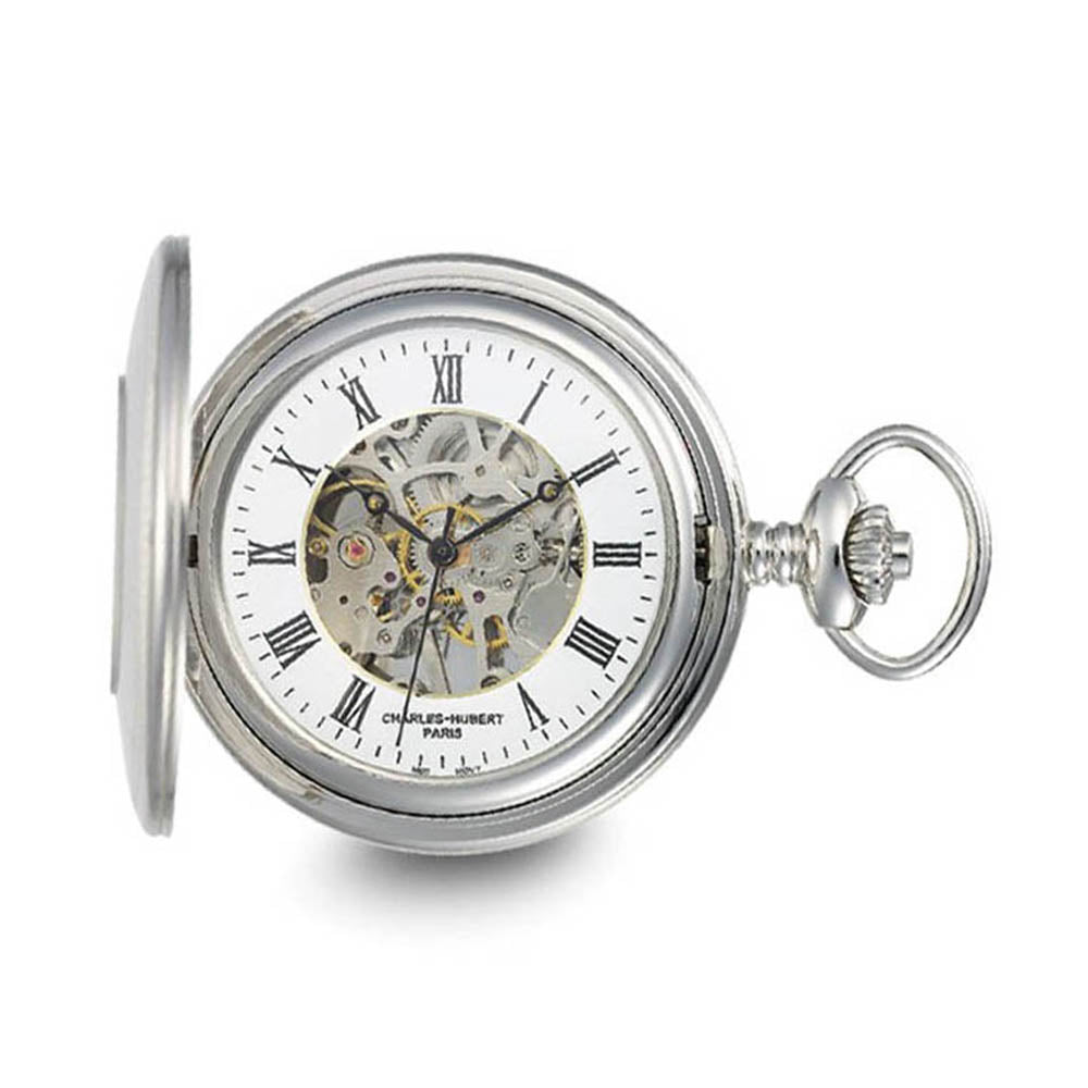 Charles Hubert Stainless Engravable Skeleton 47mm Pocket Watch, Item W8933 by The Black Bow Jewelry Co.