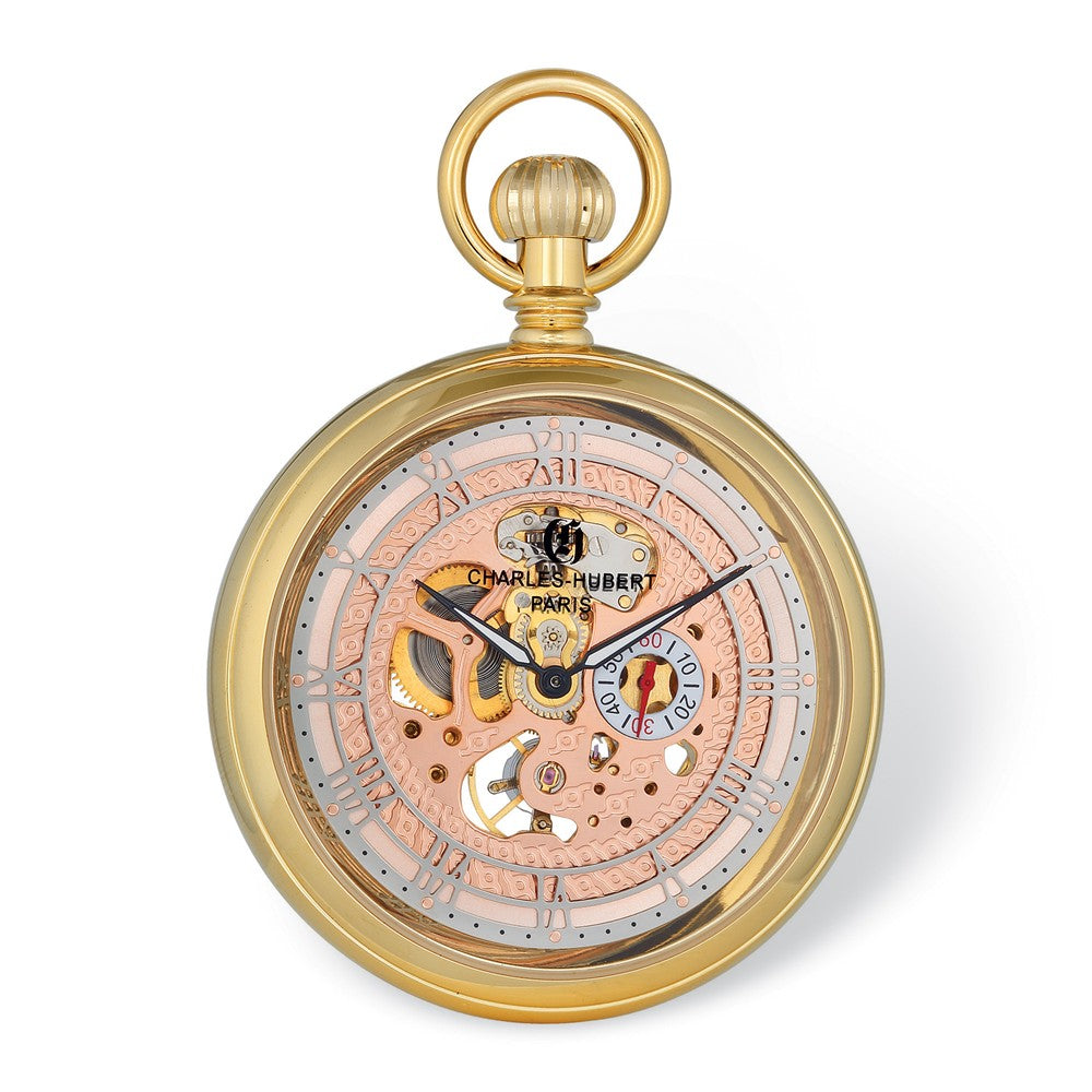 Charles Hubert Gold Finish Open Face Rose Dial Pocket Watch, Item W8940 by The Black Bow Jewelry Co.