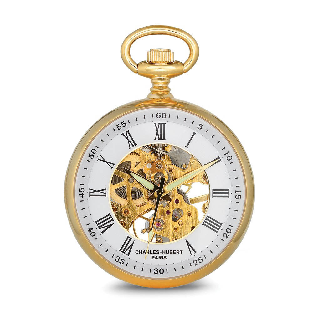 Charles Hubert Gold Finish Open Face White Skeleton Pocket Watch, Item W8943 by The Black Bow Jewelry Co.