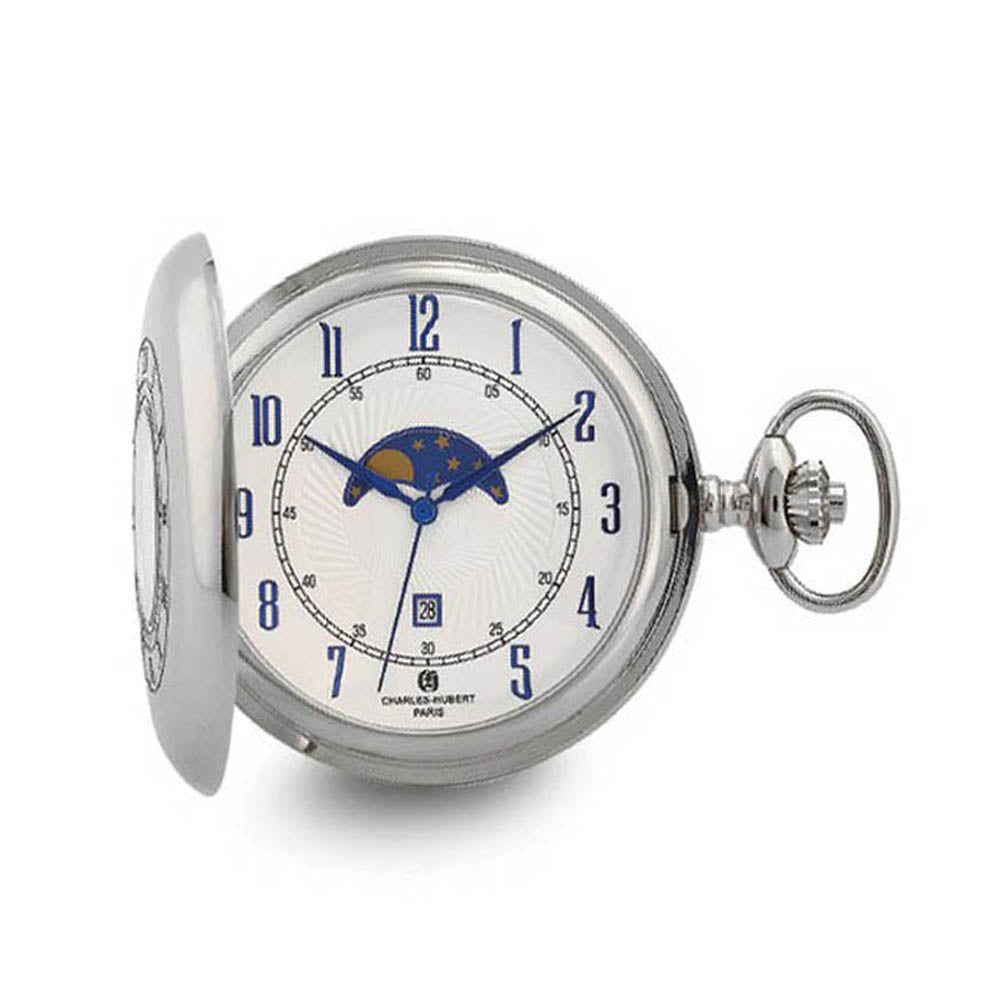 Charles Hubert Chrome Finish Open Window Moon Phase Pocket Watch, Item W8947 by The Black Bow Jewelry Co.