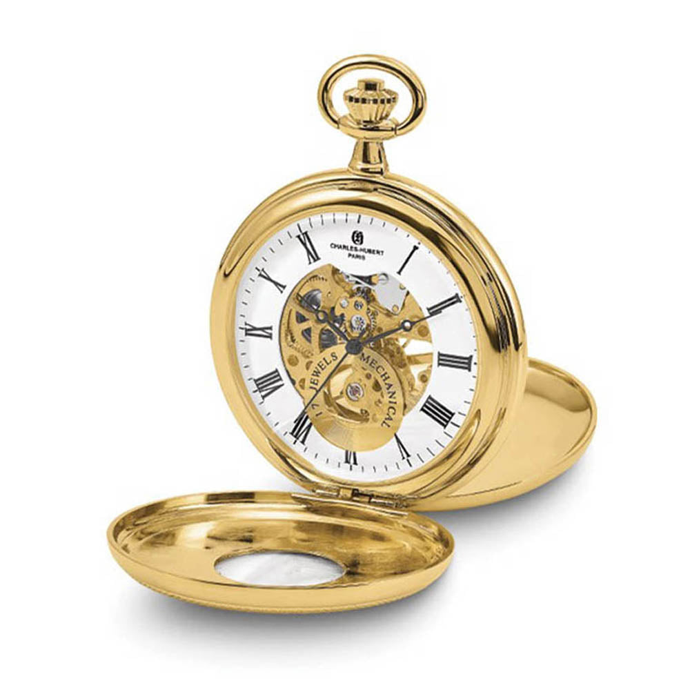 Charles Hubert Gold Finish Double Cover Open Window Pocket Watch, Item W8949 by The Black Bow Jewelry Co.