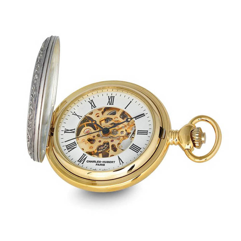 Charles Hubert Lion Crest Hunter Case Skeleton Dial Pocket Watch, Item W8954 by The Black Bow Jewelry Co.