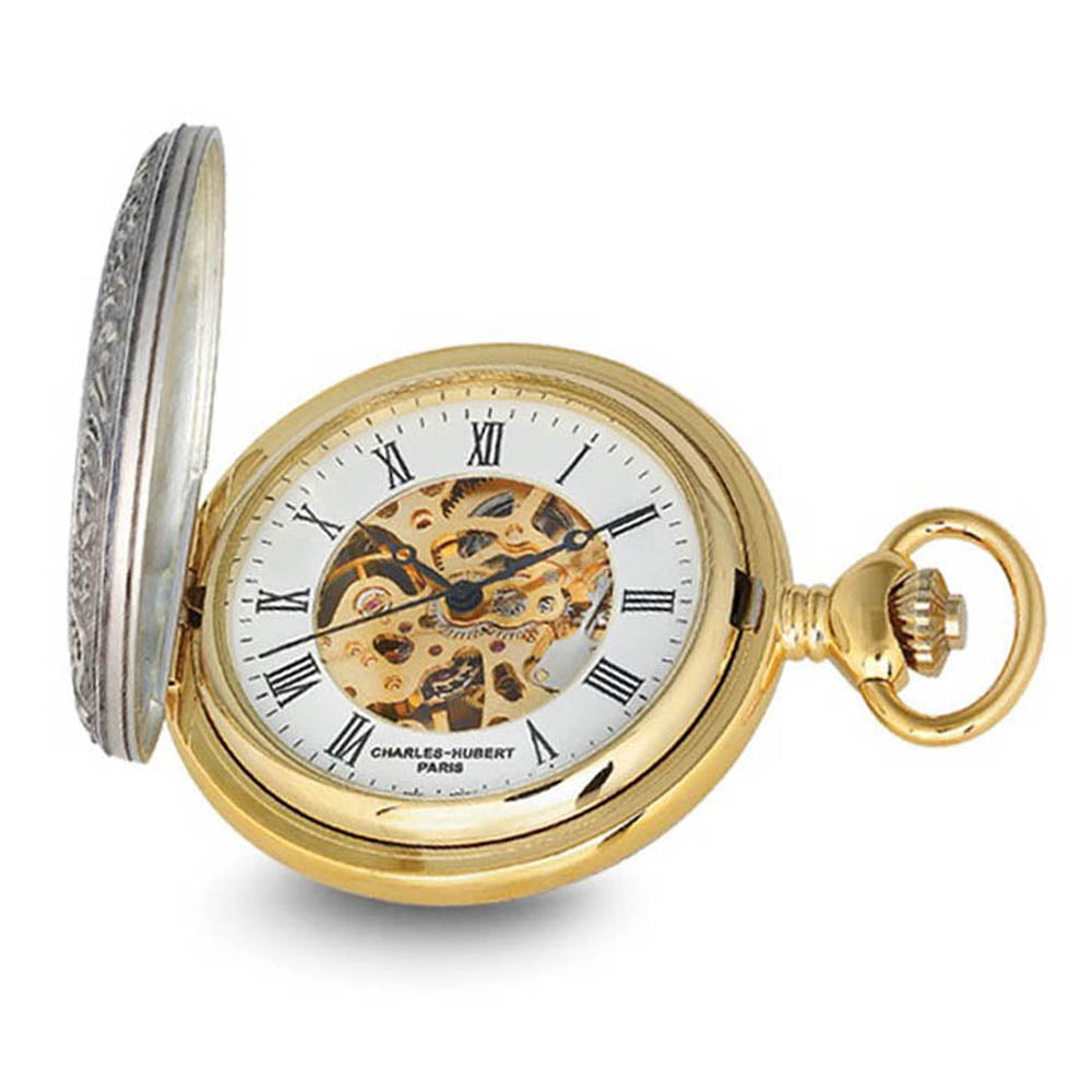 Charles Hubert 2 Tone Hunter Shield Case Skeleton Dial Pocket Watch, Item W8955 by The Black Bow Jewelry Co.