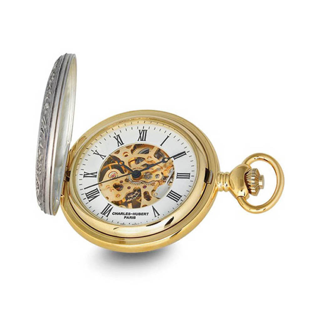 Charles Hubert 2-tone Crown & Shield Skeleton Dial Pocket Watch, Item W8957 by The Black Bow Jewelry Co.