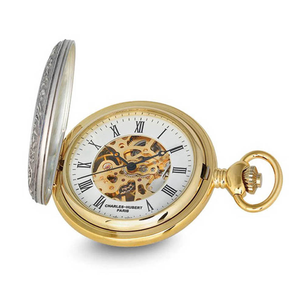 Charles Hubert 2-tone Ribbon & Shield Skeleton Dial Pocket Watch, Item W8958 by The Black Bow Jewelry Co.