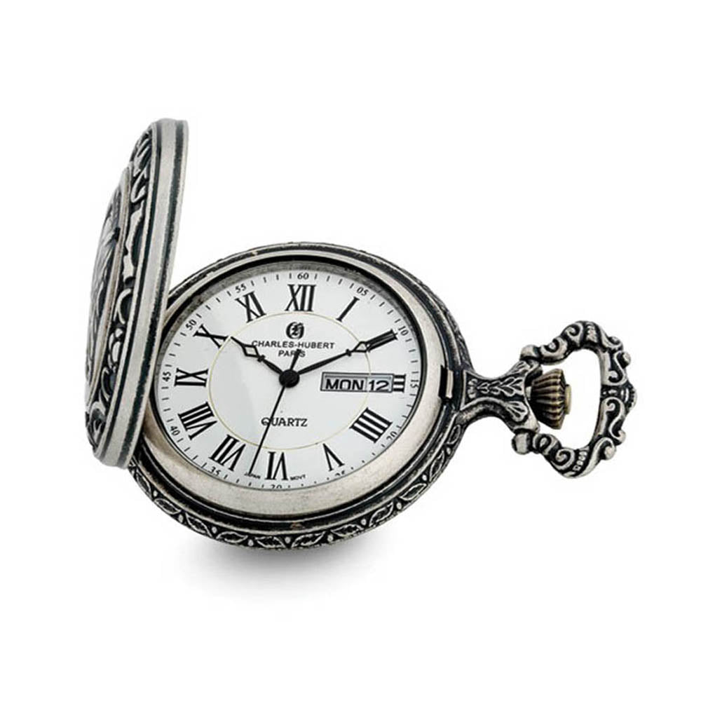 Charles Hubert Antique Chrome Finish Eagle Medallion Pocket Watch, Item W8960 by The Black Bow Jewelry Co.