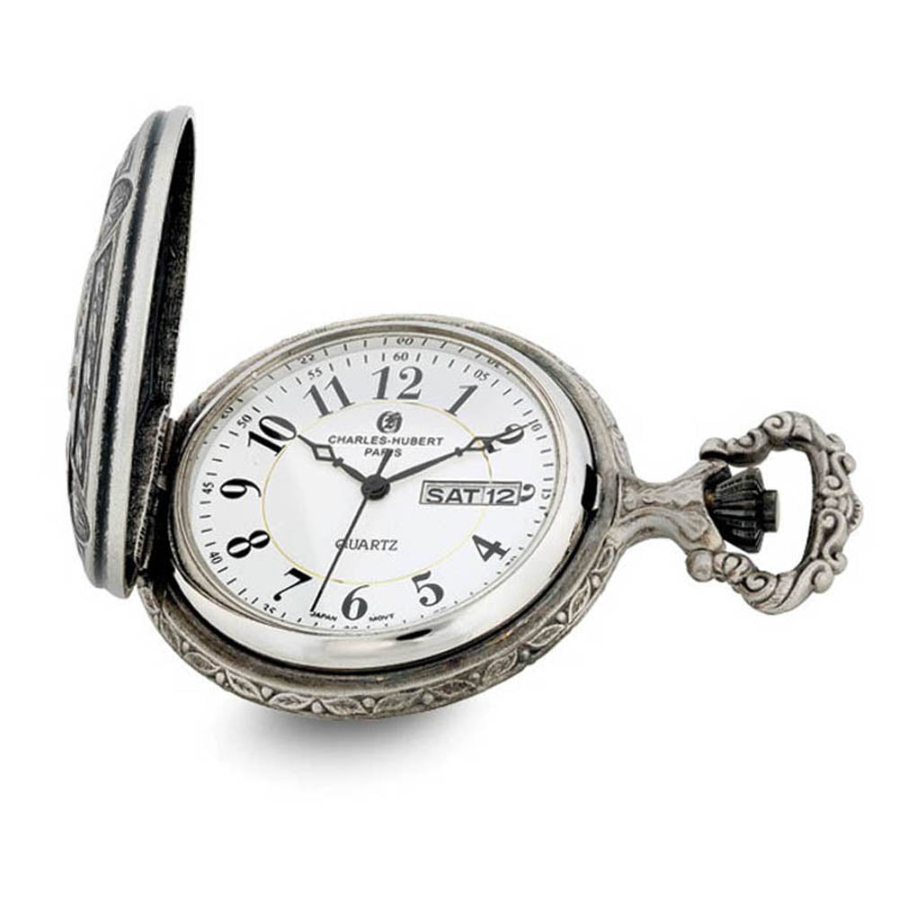 Charles Hubert Antique Chrome & Satin Sailing Ship Pocket Watch, Item W8965 by The Black Bow Jewelry Co.