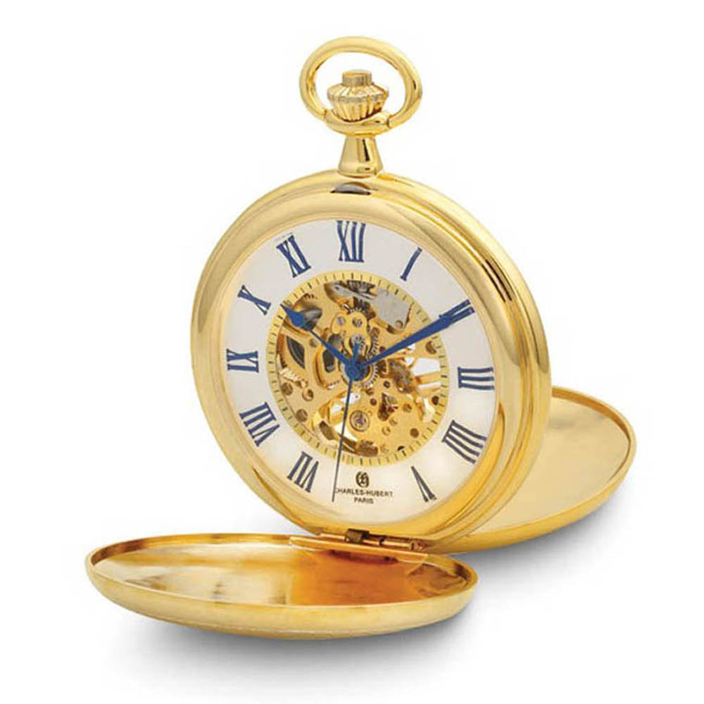 Charles Hubert Gold Finish Double Cover Striped w/Shield Pocket Watch, Item W8977 by The Black Bow Jewelry Co.