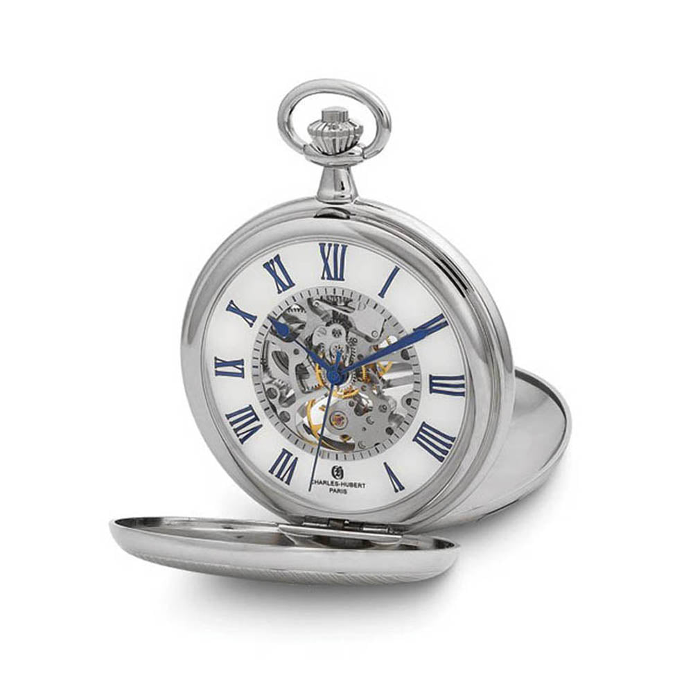 Charles Hubert Double Cover Striped w/Shield Pocket Watch, Item W8978 by The Black Bow Jewelry Co.