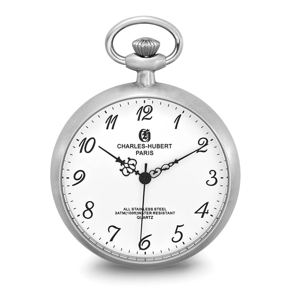 Charles Hubert Solid Stainless White Dial Full Face Pocket Watch, Item W8989 by The Black Bow Jewelry Co.