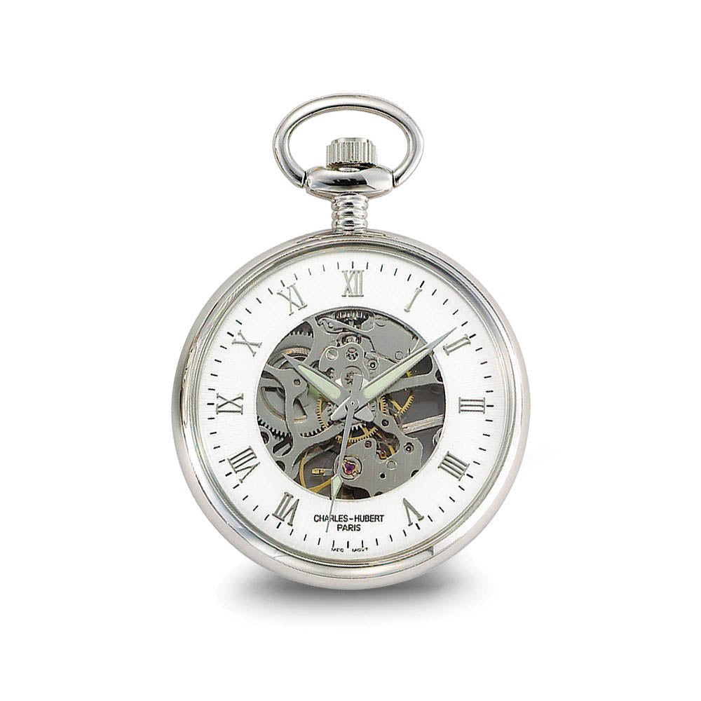 Charles Hubert Chrome-finish Off-White Ceramic Dial Pocket Watch, Item W8990 by The Black Bow Jewelry Co.