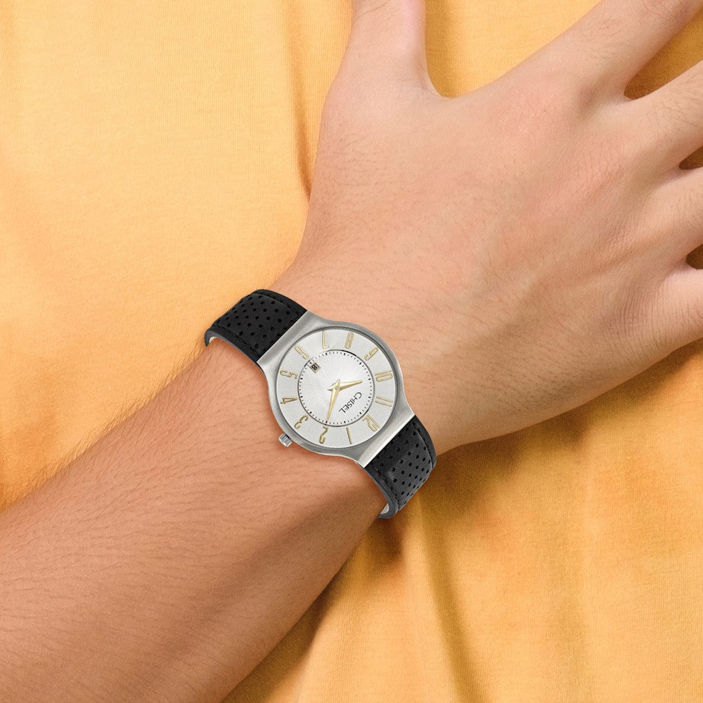 Alternate view of the Chisel Mens Stainless Steel White Dial Black Leather Watch by The Black Bow Jewelry Co.