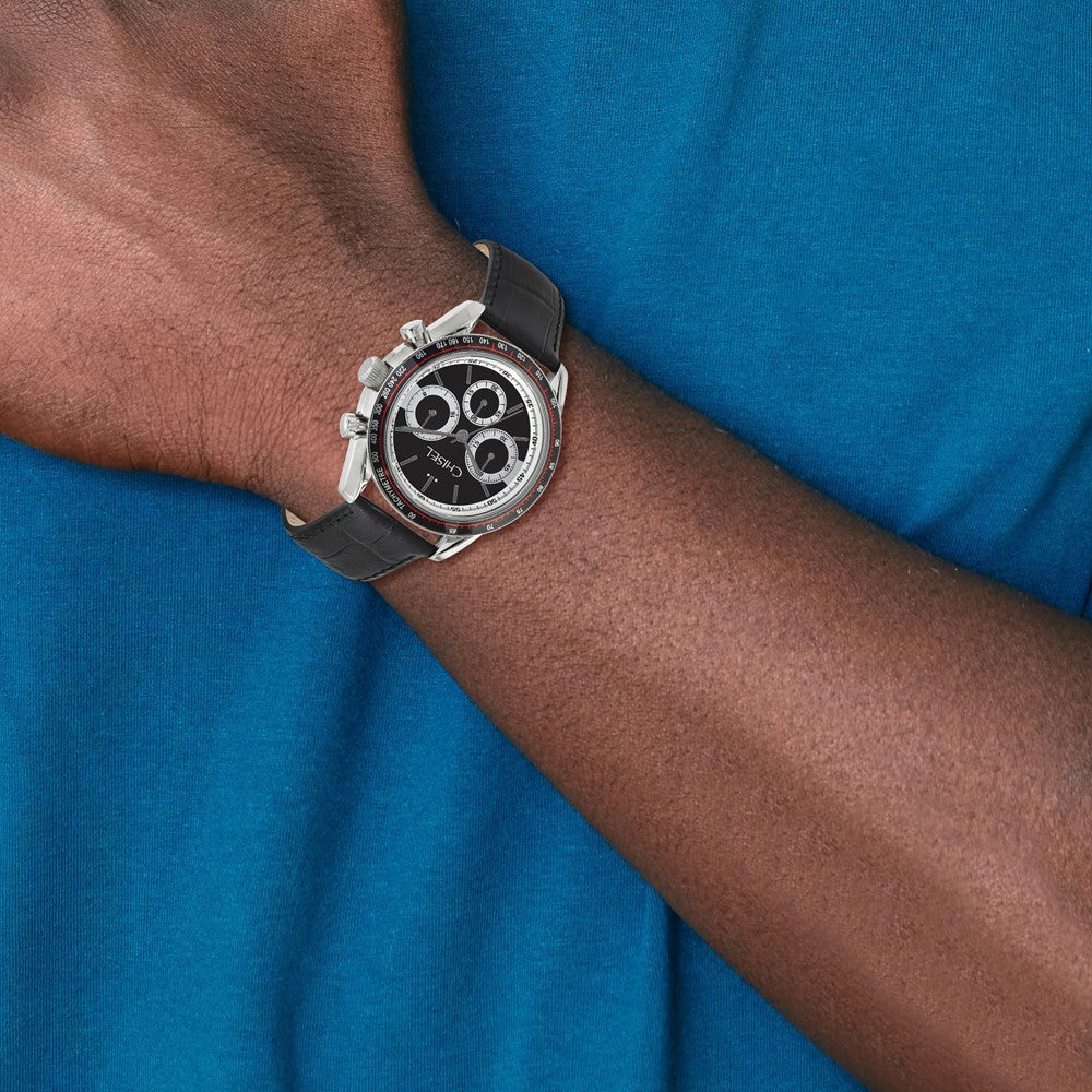 Alternate view of the Chisel Mens Stainless Steel Black Leather Chronograph Watch by The Black Bow Jewelry Co.